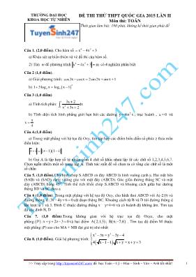 Đề thi thử THPT Quốc gia lần II môn Toán - Năm học 2014-2015 - Trường THPT Chuyên Khoa học tự nhiên (Có đáp án)